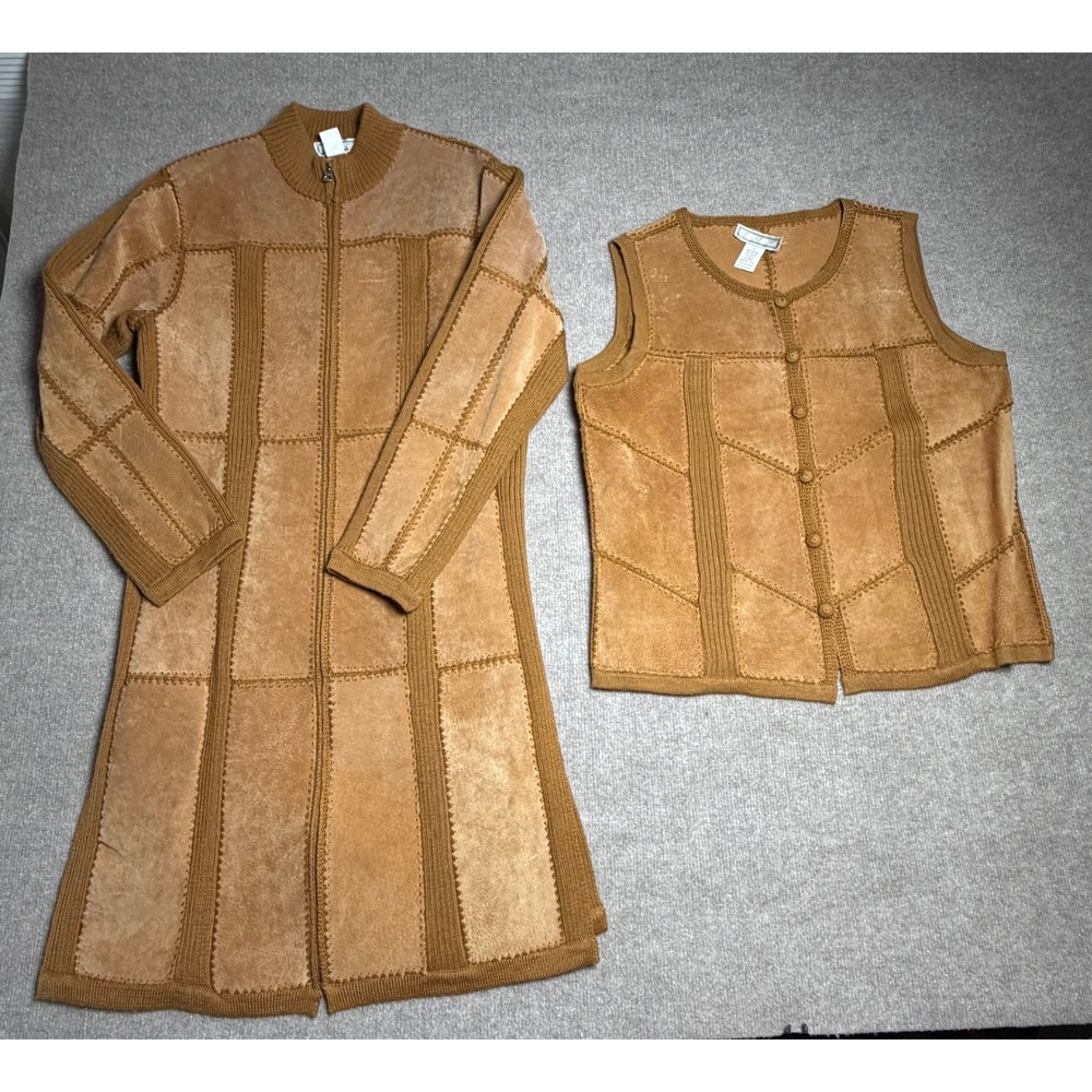 S.M.H Suede Patchwork Knit Long Jacket and Vest Set Bohemian Mixed Media M/L